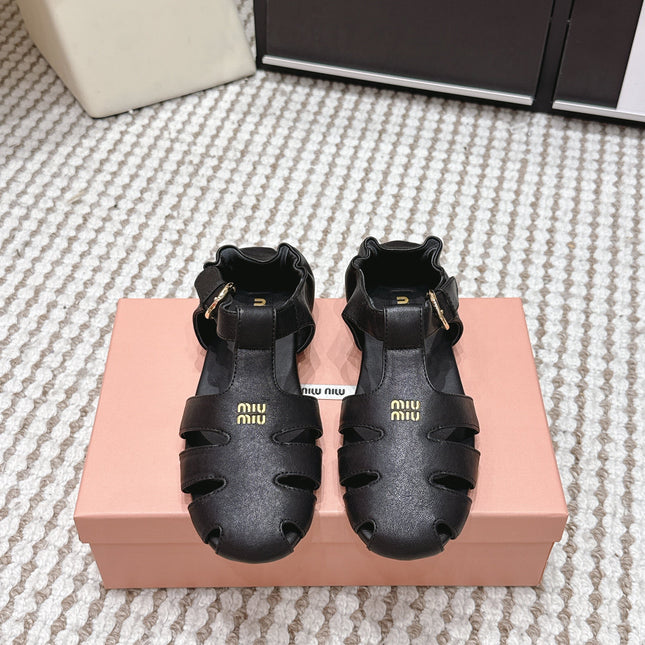 MIUMIU 26S RUCHES FISHERMAN SANDALS IN BLACK CALFSKIN GOLD HARDWARE