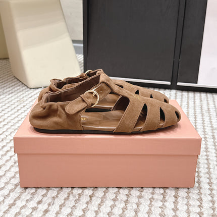 MIUMIU 26S RUCHES FISHERMAN SANDALS IN BROWN SUEDE GOLD HARDWARE