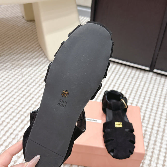 MIUMIU 26S RUCHES FISHERMAN SANDALS IN BLACK SUEDE GOLD HARDWARE