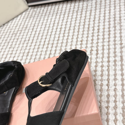 MIUMIU 26S RUCHES FISHERMAN SANDALS IN BLACK SUEDE GOLD HARDWARE