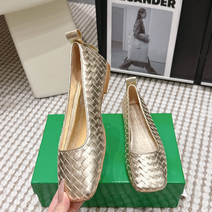 BOTTEGA VENETA 26S SQUARE-TOE FLATS IN LIGHT METALLIC GOLD TECHNICAL WOVEN LAMBSKIN