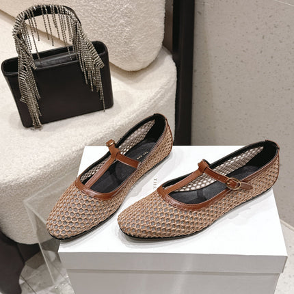THE ROW 26S MARY JANE FLATS IN LIGHT BROWN CALFSKIN AND MESH