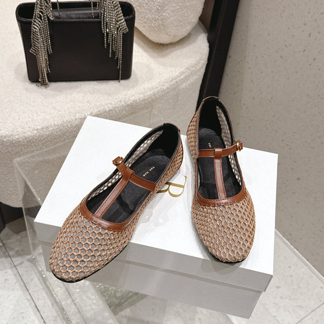 THE ROW 26S MARY JANE FLATS IN LIGHT BROWN CALFSKIN AND MESH