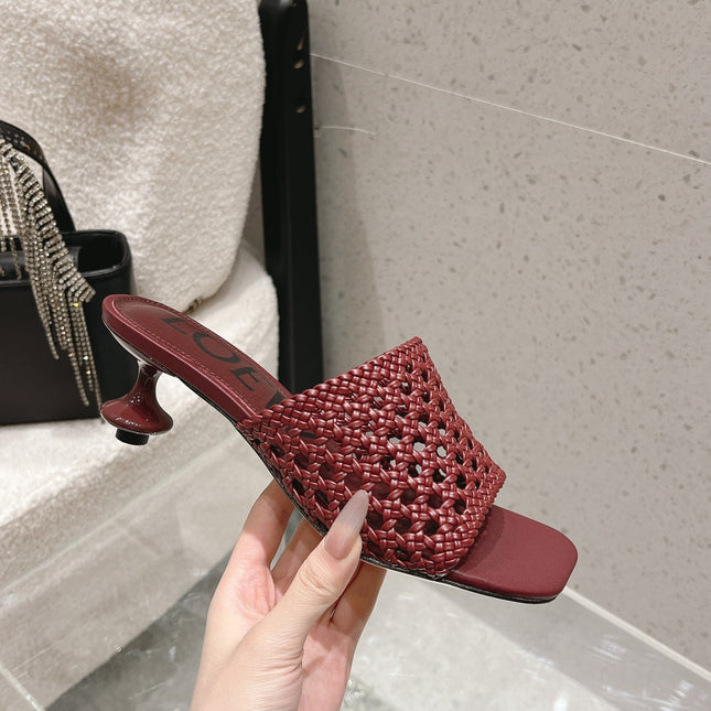 LOEWE 26S WOVEN HEEL SANDALS 50 MM IN DARK RED LAMBSKIN