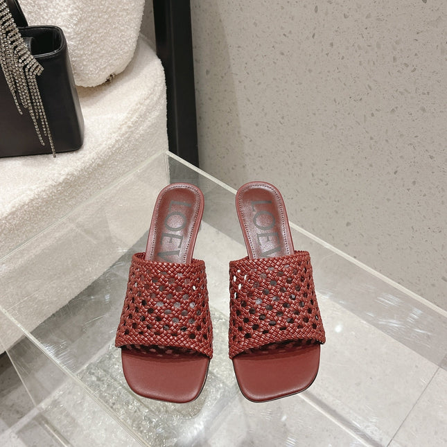 LOEWE 26S WOVEN HEEL SANDALS 50 MM IN DARK RED LAMBSKIN