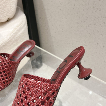 LOEWE 26S WOVEN HEEL SANDALS 50 MM IN DARK RED LAMBSKIN
