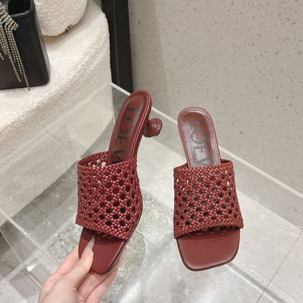 LOEWE 26S WOVEN HEEL SANDALS 50 MM IN DARK RED LAMBSKIN