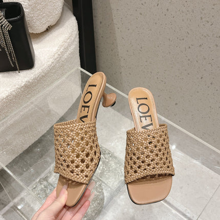 LOEWE 26S WOVEN HEEL SANDALS 50 MM IN DARK BEIGE LAMBSKIN