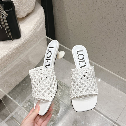 LOEWE 26S WOVEN HEEL SANDALS 50 MM IN WHITE LAMBSKIN