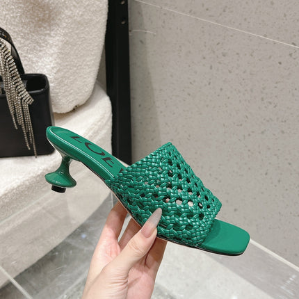 LOEWE 26S WOVEN HEEL SANDALS 50 MM IN GREEN LAMBSKIN