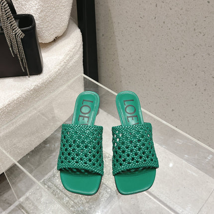 LOEWE 26S WOVEN HEEL SANDALS 50 MM IN GREEN LAMBSKIN