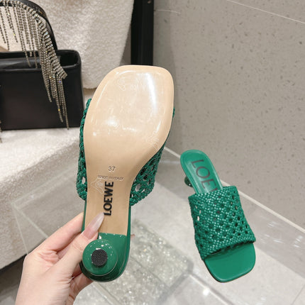 LOEWE 26S WOVEN HEEL SANDALS 50 MM IN GREEN LAMBSKIN