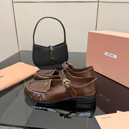 MIUMIU 25S LOAFERS WITH STRAP IN DARK BROWN LAMBSKIN