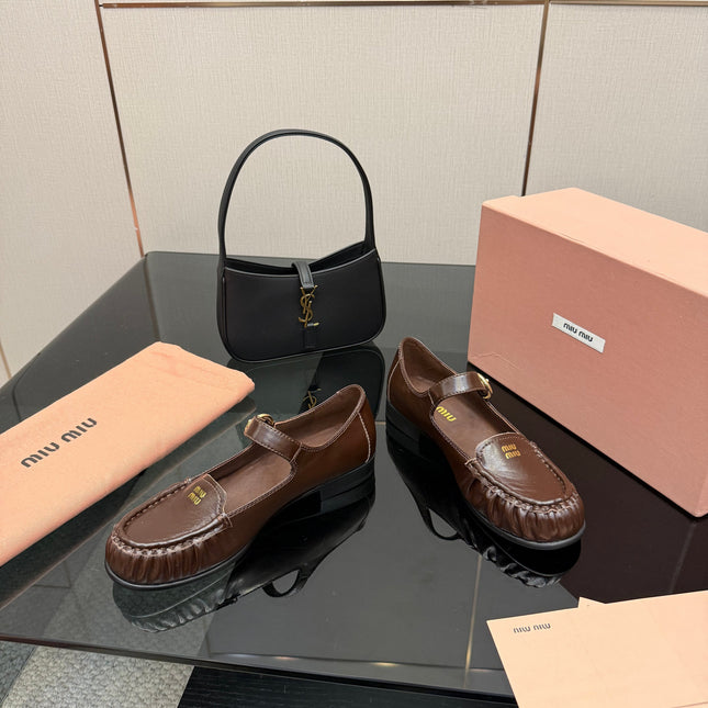 MIUMIU 25S LOAFERS WITH STRAP IN DARK BROWN LAMBSKIN
