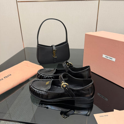 MIUMIU 25S LOAFERS WITH STRAP IN BLACK LAMBSKIN
