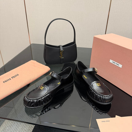 MIUMIU 25S LOAFERS WITH STRAP IN BLACK LAMBSKIN