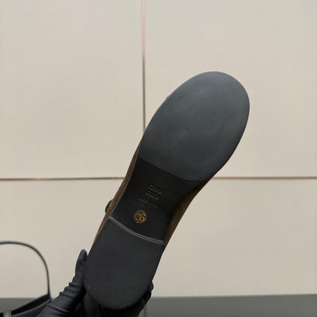MIUMIU 25S LOAFERS WITH STRAP IN DARK BROWN SUEDE