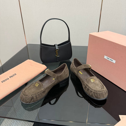 MIUMIU 25S LOAFERS WITH STRAP IN DARK BROWN SUEDE