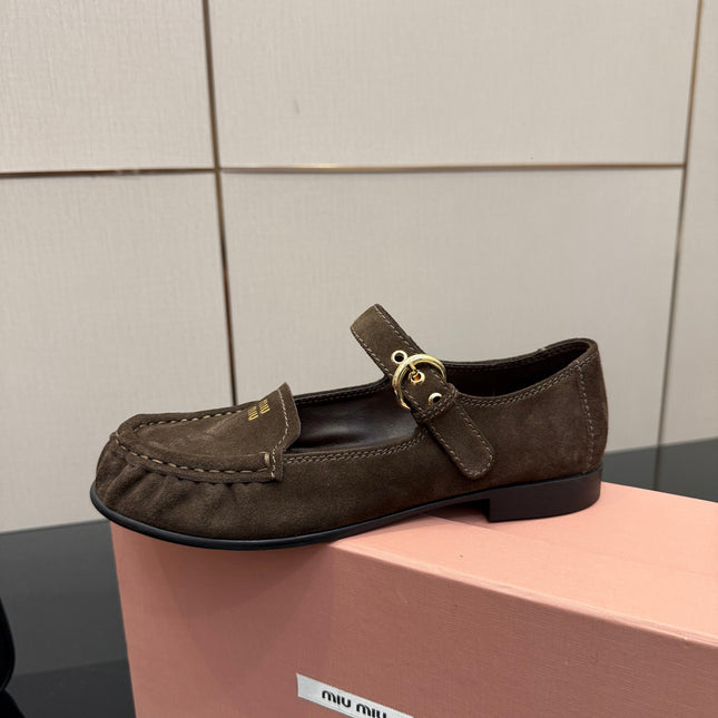 MIUMIU 25S LOAFERS WITH STRAP IN DARK BROWN SUEDE
