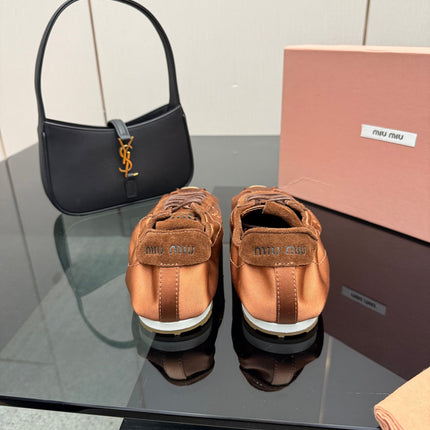 MIUMIU 25S SNEAKERS IN COCOA BROWN PLUME SATIN