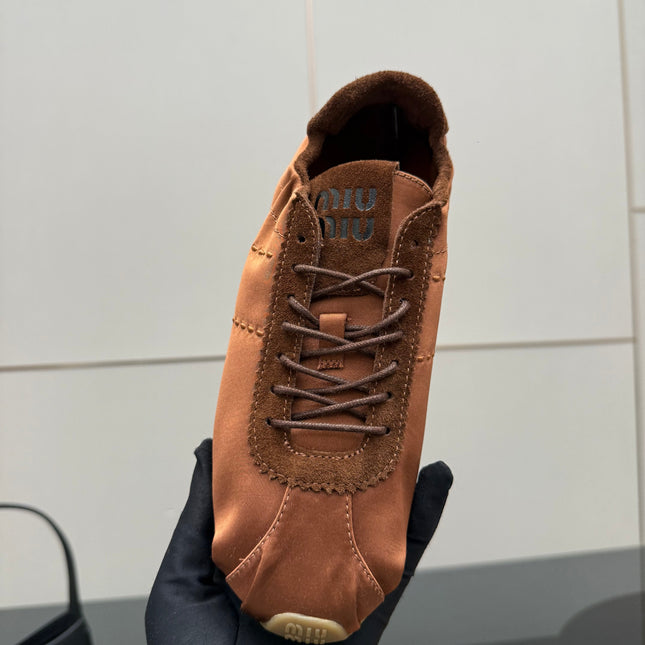 MIUMIU 25S SNEAKERS IN COCOA BROWN PLUME SATIN