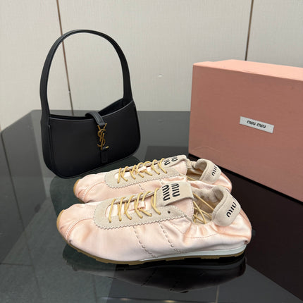 MIUMIU 25S SNEAKERS IN POWDER PINK PLUME SATIN