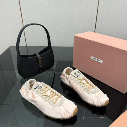 MIUMIU 25S SNEAKERS IN POWDER PINK PLUME SATIN