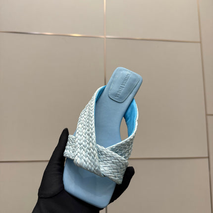 BOTTEGA VENETA 26S SANDALS IN LIGHT BLUE CALFSKIN AND RAFFIA