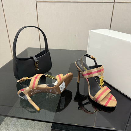 BURBERRY 26S HIGH-HEELED SANDALS 100 MM IN LIGHT BROWN STRIPES FABRIC