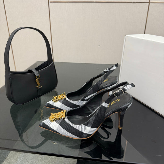 BURBERRY 26S SLINGBACK HEELS 85 MM IN STRIPED COLOR COORDINATION FABRIC WITH GOLD HARDWARE STYLE 6