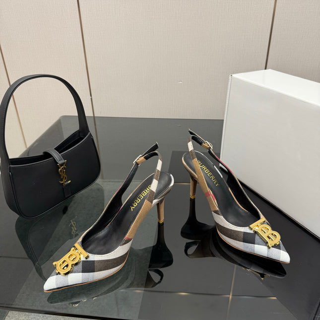 BURBERRY 26S SLINGBACK HEELS 85 MM IN STRIPED COLOR COORDINATION FABRIC WITH GOLD HARDWARE STYLE 5