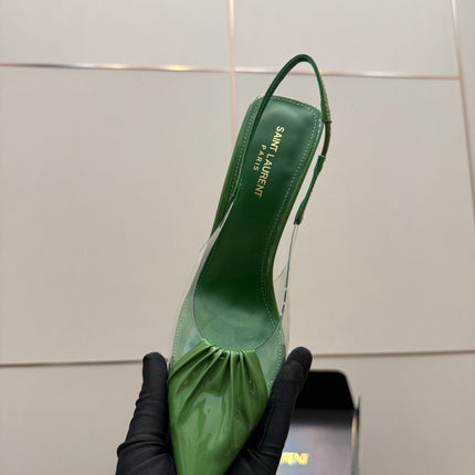 YSL 26S PLEATED SLINGBACK HEELS 105 MM IN GREEN GLOSSY CALFSKIN AND PVC