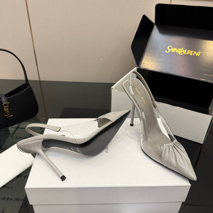 YSL 26S PLEATED SLINGBACK HEELS 105 MM IN GREY GLOSSY CALFSKIN AND PVC