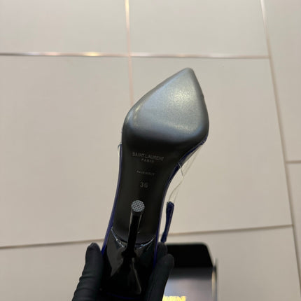 YSL 26S PLEATED SLINGBACK HEELS 105 MM IN NAVY BLUE GLOSSY CALFSKIN AND PVC