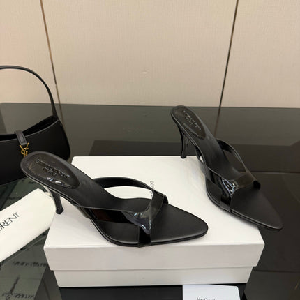 YSL 26S POINTED-TOE SANDALS 90 MM IN BLACK CALFSKIN