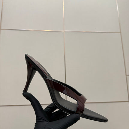 YSL 26S POINTED-TOE SANDALS 90 MM IN DARK RED AND BLACK CALFSKIN