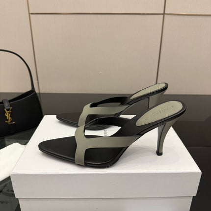 YSL 26S POINTED-TOE SANDALS 90 MM IN GREY AND BLACK CALFSKIN