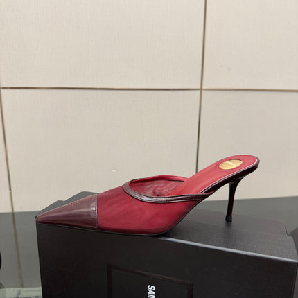 YSL 26S HIGH-HEEL MULES IN DARK RED CALFSKIN AND MESH FABRIC