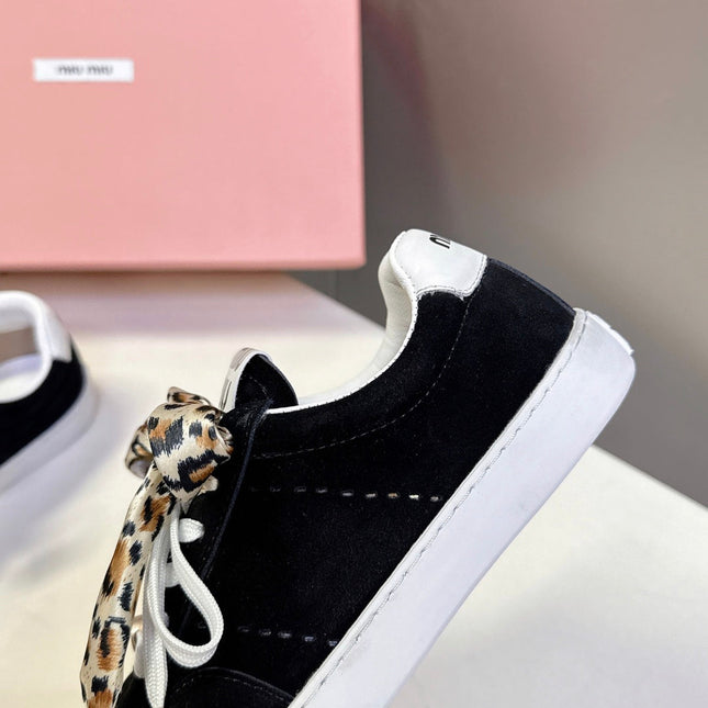 MIUMIU 25S SNEAKERS IN BLACK SUEDE WITH LEOPARD-PRINT LACES