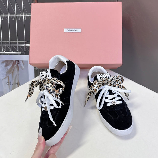 MIUMIU 25S SNEAKERS IN BLACK SUEDE WITH LEOPARD-PRINT LACES