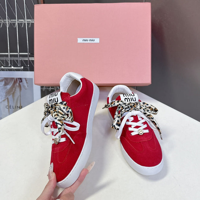 MIUMIU 25S SNEAKERS IN DARK RED SUEDE WITH LEOPARD-PRINT LACES