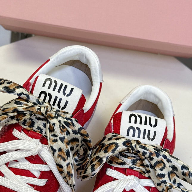 MIUMIU 25S SNEAKERS 45MM IN DARK RED SUEDE WITH LEOPARD-PRINT LACES