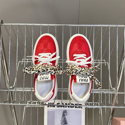 MIUMIU 25S SNEAKERS 45MM IN DARK RED SUEDE WITH LEOPARD-PRINT LACES
