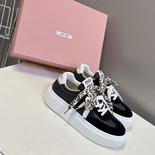 MIUMIU 25S SNEAKERS 45MM IN BLACK SUEDE WITH LEOPARD-PRINT LACES