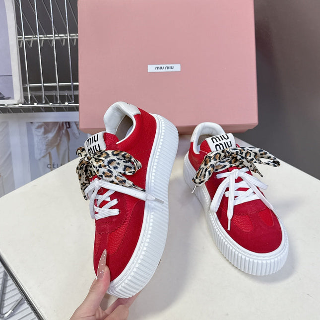 MIUMIU 25S SNEAKERS 45MM IN DARK RED SUEDE WITH LEOPARD-PRINT LACES