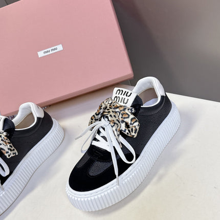 MIUMIU 25S SNEAKERS 45MM IN BLACK SUEDE WITH LEOPARD-PRINT LACES
