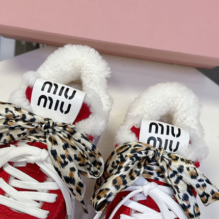 MIUMIU 25S SNEAKERS 45MM IN DARK RED SUEDE WITH LEOPARD-PRINT LACES SHEARLING