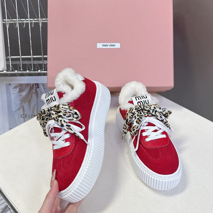 MIUMIU 25S SNEAKERS 45MM IN DARK RED SUEDE WITH LEOPARD-PRINT LACES SHEARLING