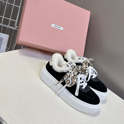 MIUMIU 25S SNEAKERS 45MM IN BLACK SUEDE WITH LEOPARD-PRINT LACES SHEARLING