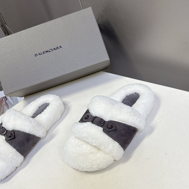 BALENCIAGA 25S SLIPPERS IN MUTED PURPLE GRAY SUEDE AND WHITE WOOL